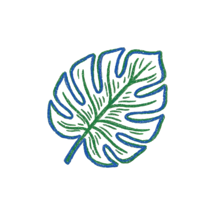 Illustration of a leaf with blue and green outlines on a white background
