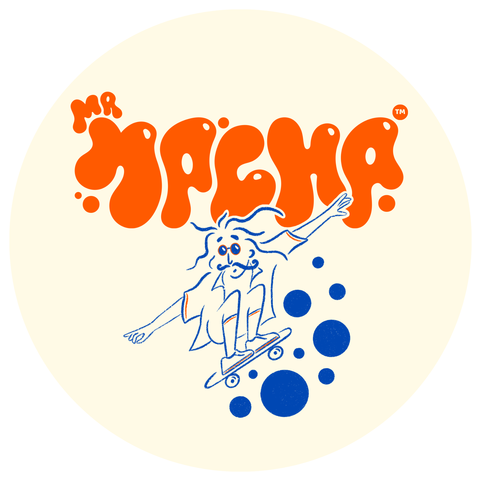 Logo of Mr. Magga with a cartoon character on a skateboard, featuring orange text and blue elements.