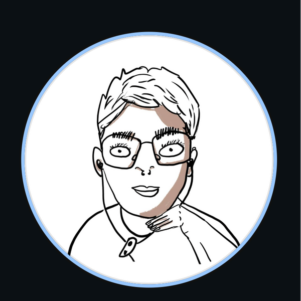 Cartoon depiction of a woman with glasses and earphones