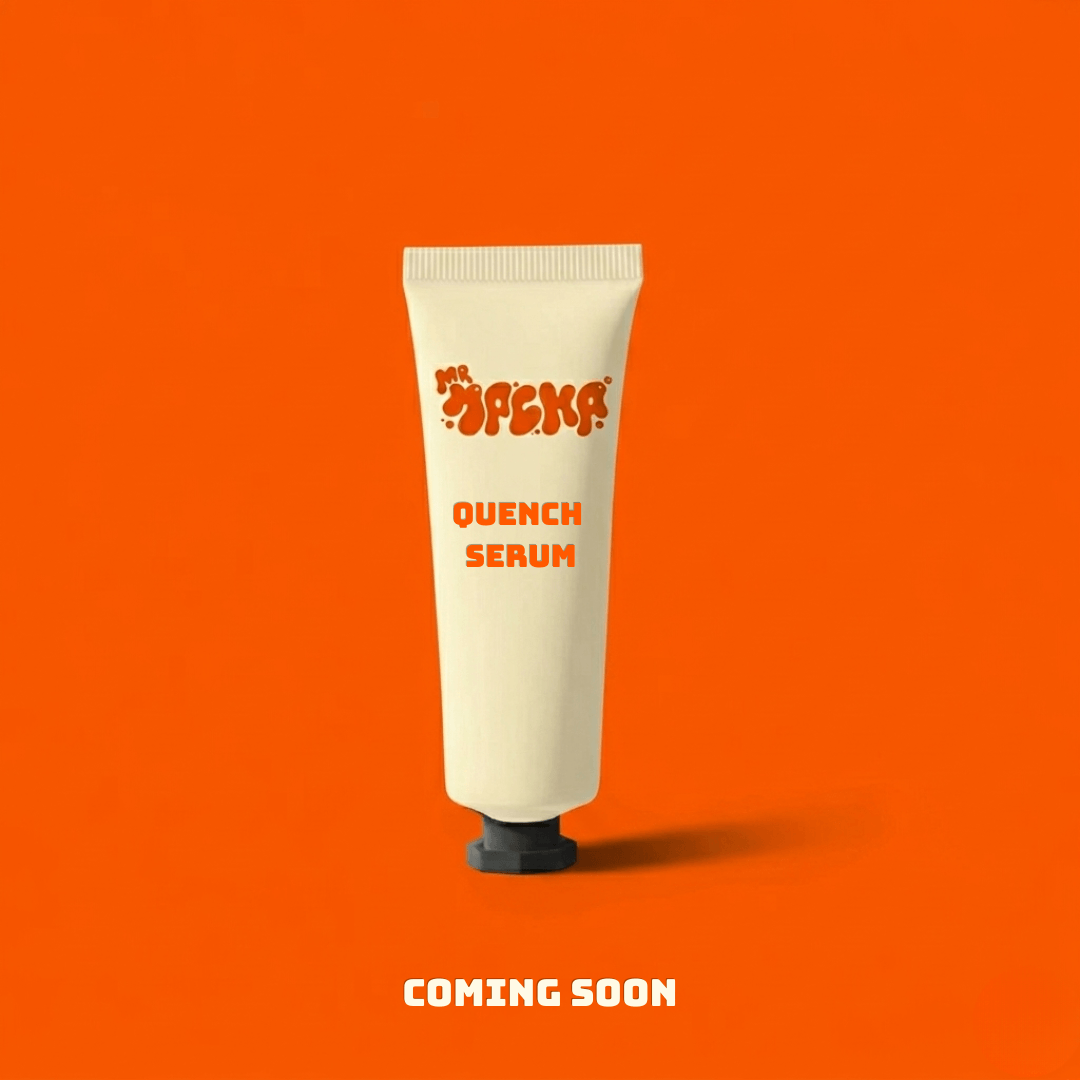 Tube of 'Mr Macha Quench Serum' on an orange background with 'COMING SOON' text.