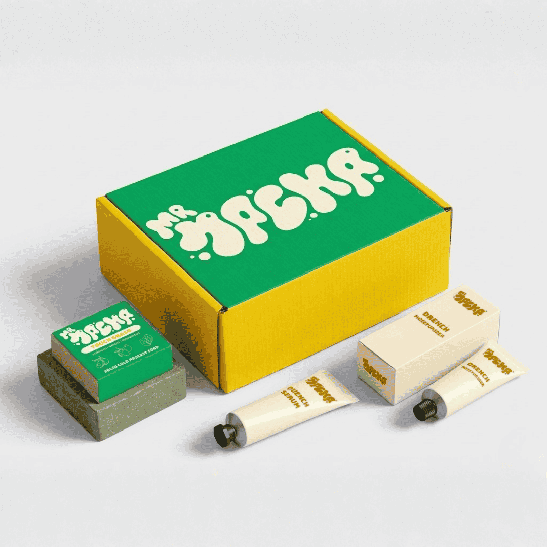 Mr Macha Brought Routine- product packaging with green and yellow box, small green box, and two tubes on a light grey background.