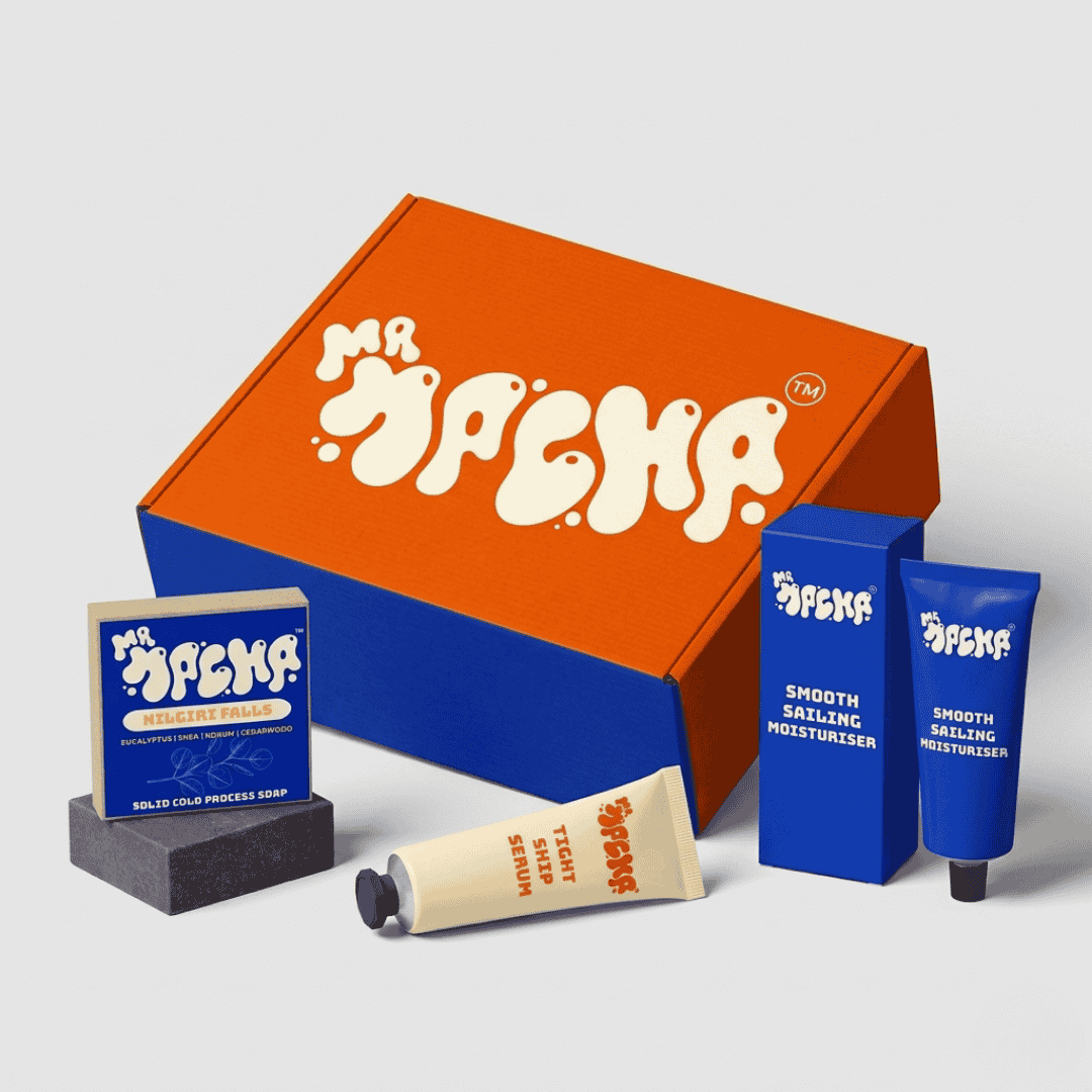 MR Macha skincare products including a box, soap, and moisturizers on a light gray background