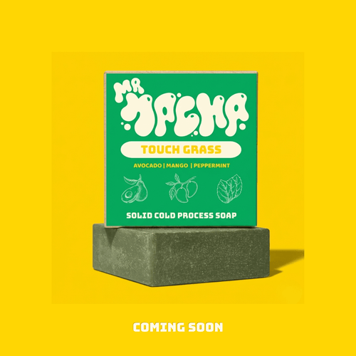 Green soap packaging with 'Coming Soon' text on a yellow background