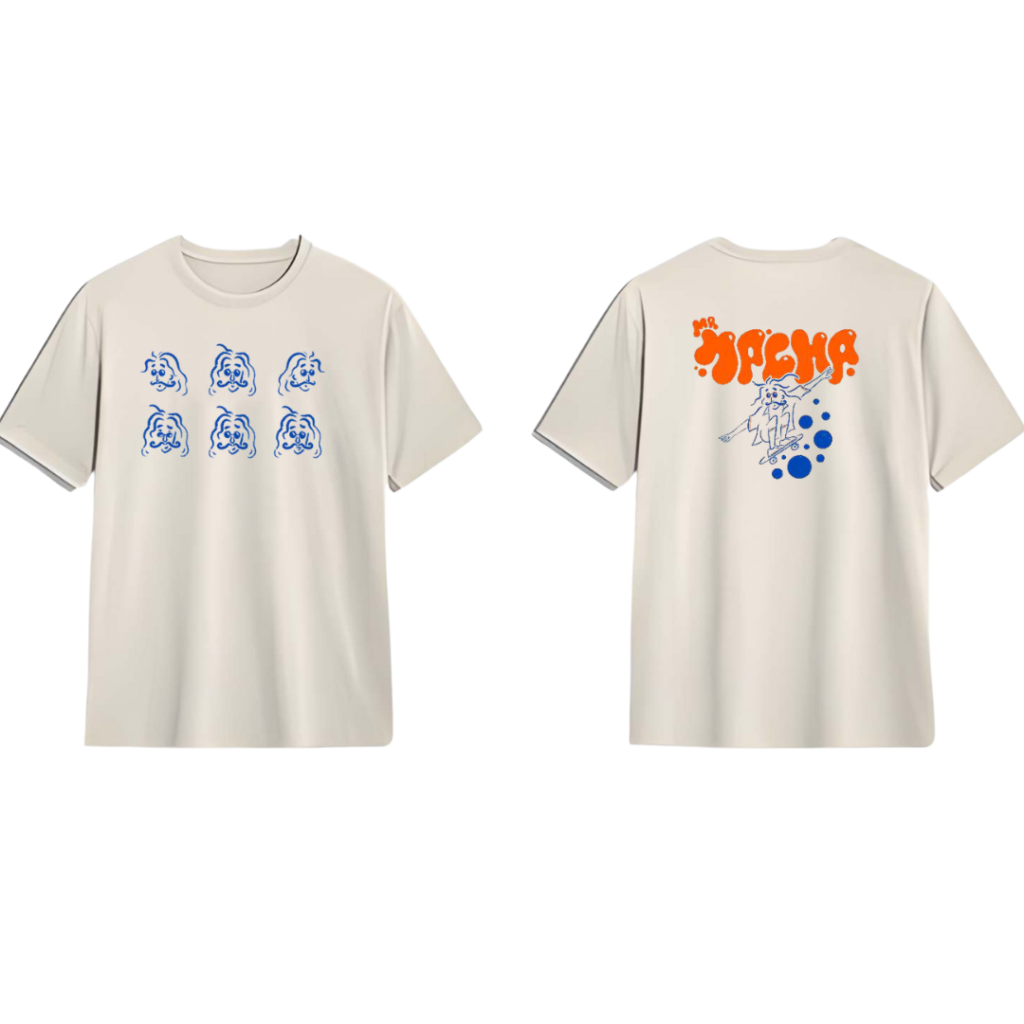 Mr Macha oversized t-shirt with illustrated front and back graphics, Edition 1